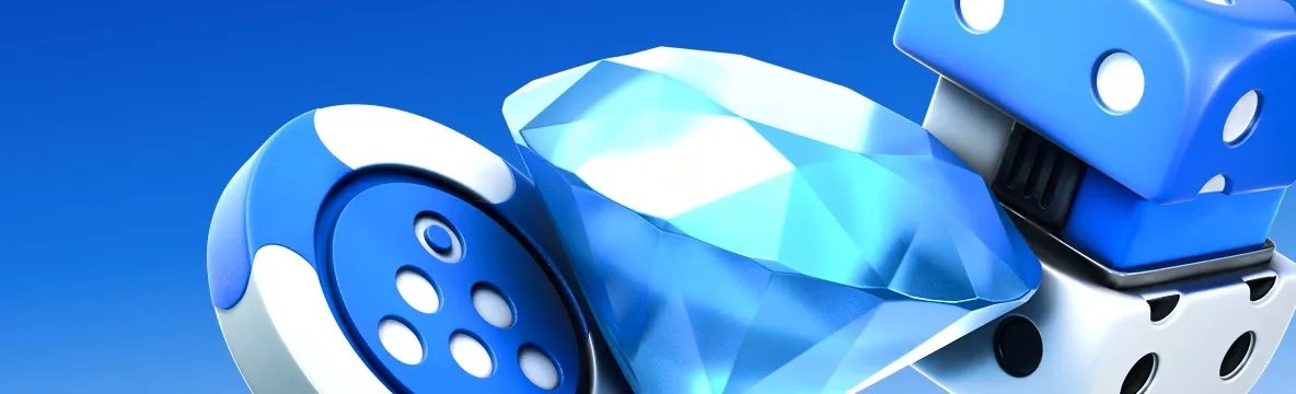 Stake.eu Casino Welt in Blau mit Chips, Diamant und Würfeln