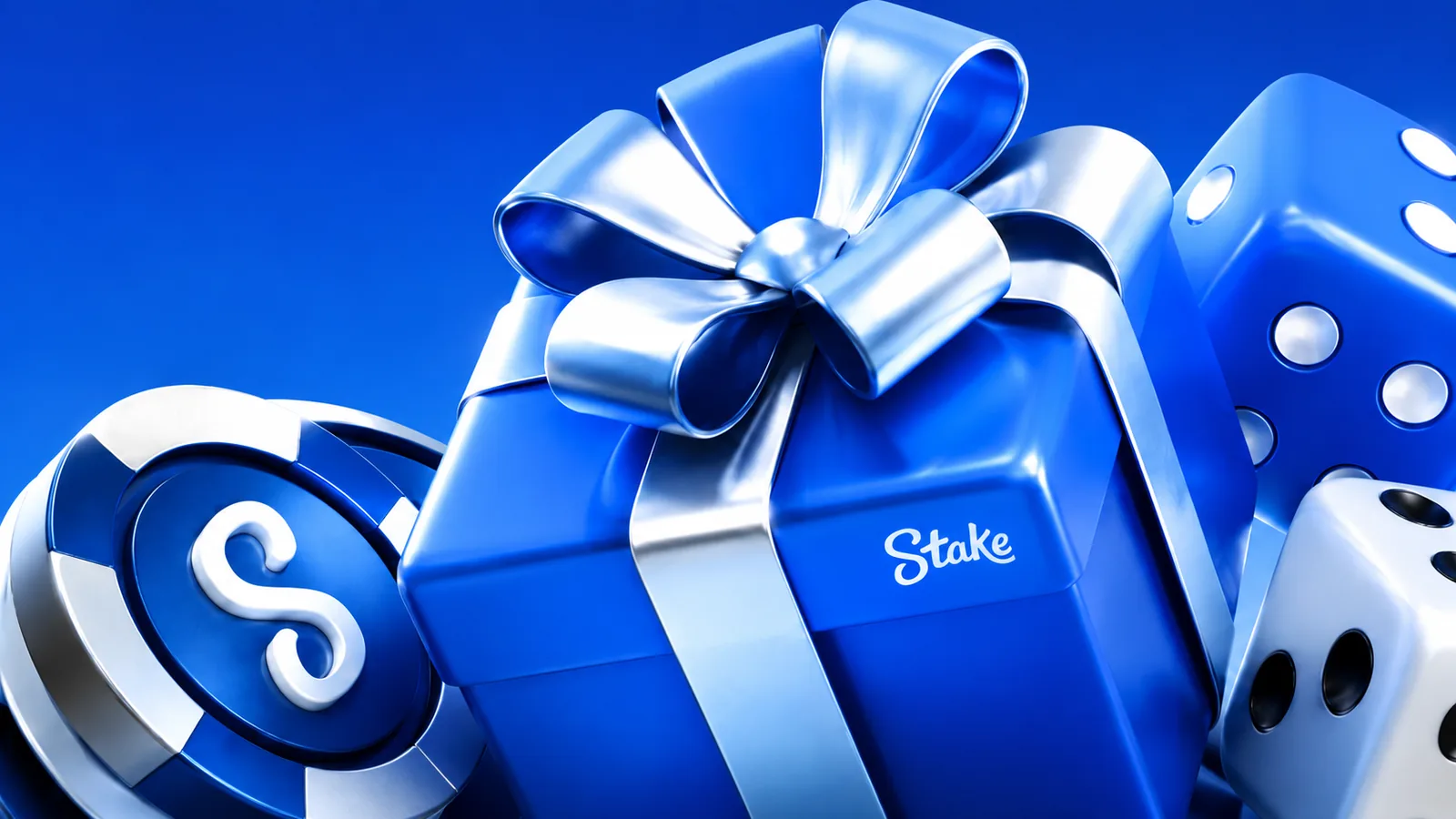 Blaues Stake Geschenk mit Chip und Würfeln zum Stake.eu Bonus Code